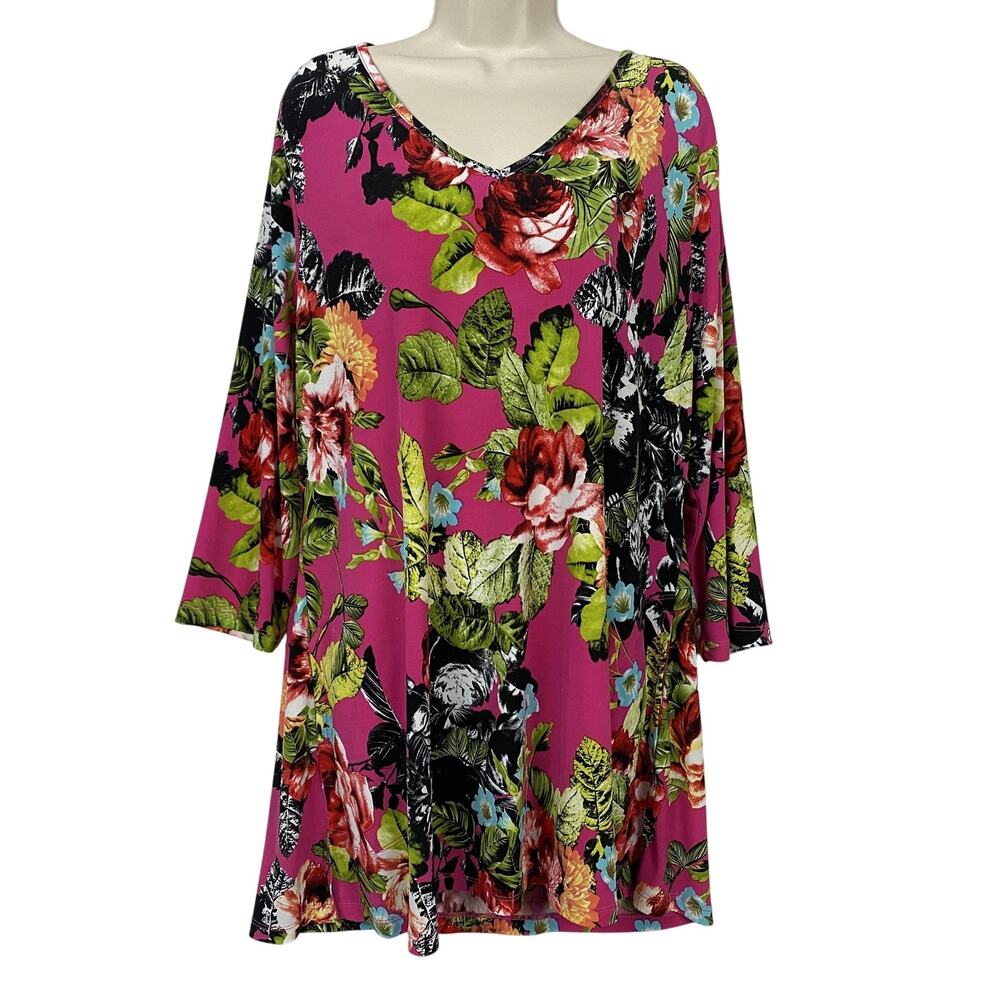 Attitudes by Renee Tunic Top With Pockets XL Hot Pink Dark Floral‎ Slinky Knit